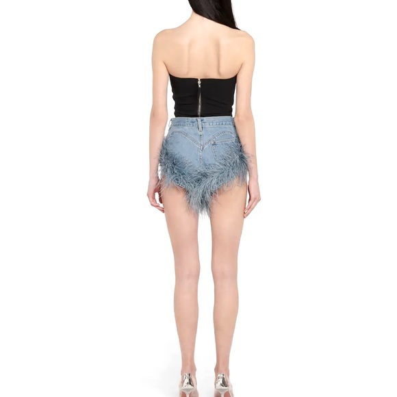 🎉New Denim High Rise Tassel Shorts With Ostrich Gray Feather Trim - Picture 6 of 13